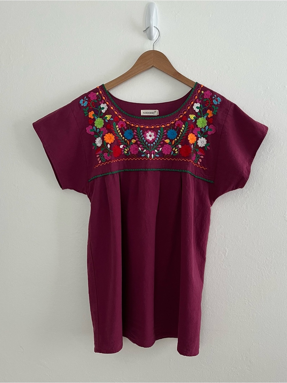 Embroidered Boho Tunic in Berry with Floral Yoke